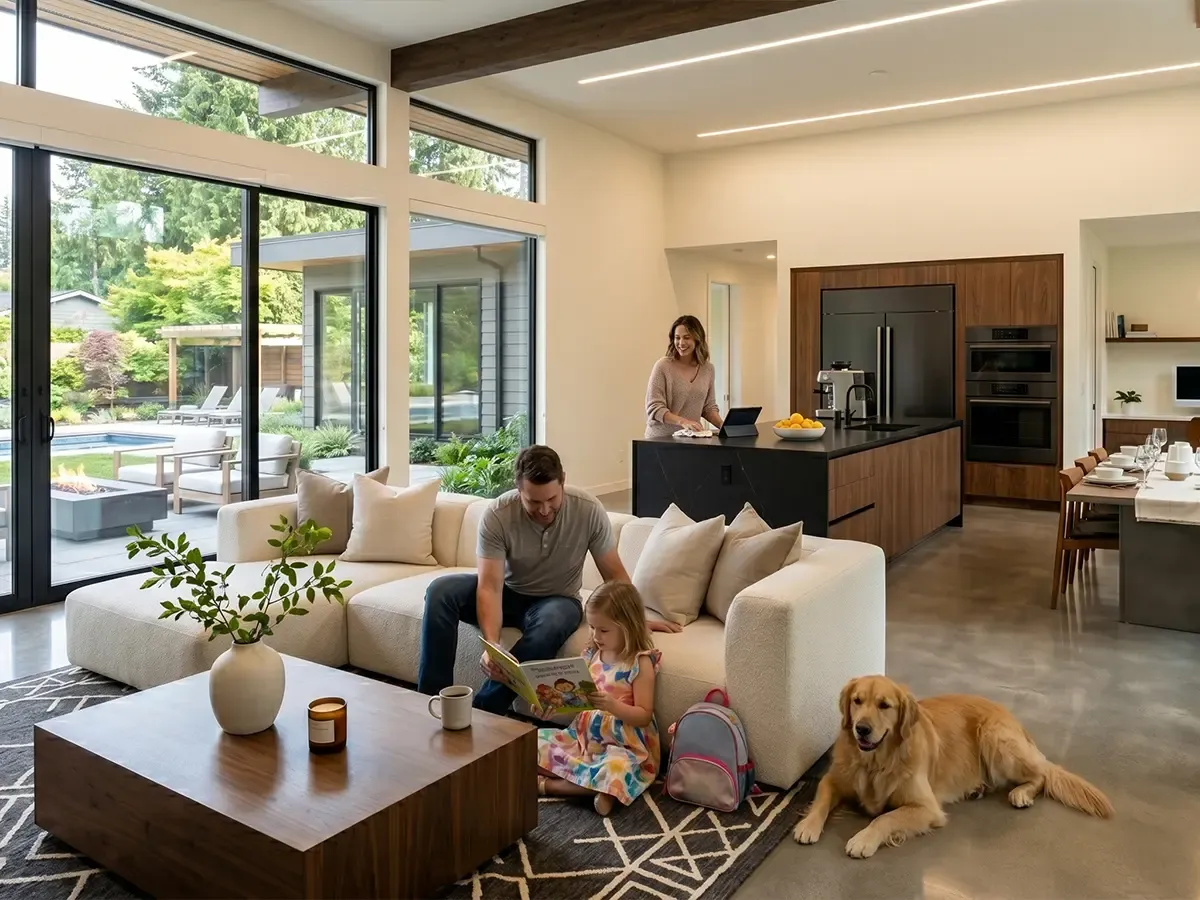 Family of husband, wife, daughter and golden retriever all enjoying their clean home.